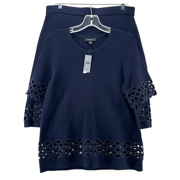 Ann Taylor Top and Skirt Set Womens LP Laser Cut Trim Stretchy Knitted Navy Blue - Picture 1 of 16